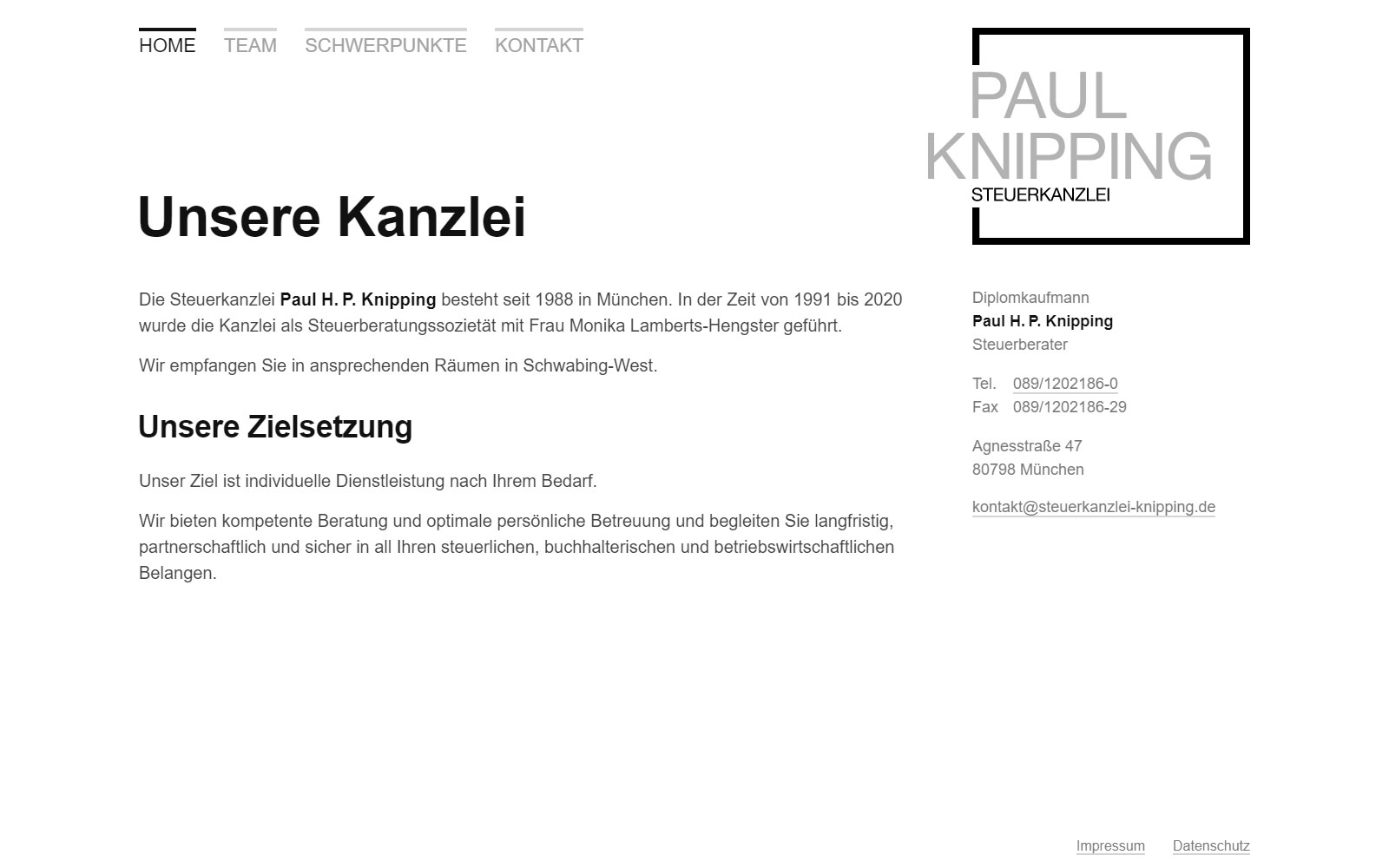 Screenshot: Minimalistic web site for tax consultant Knipping