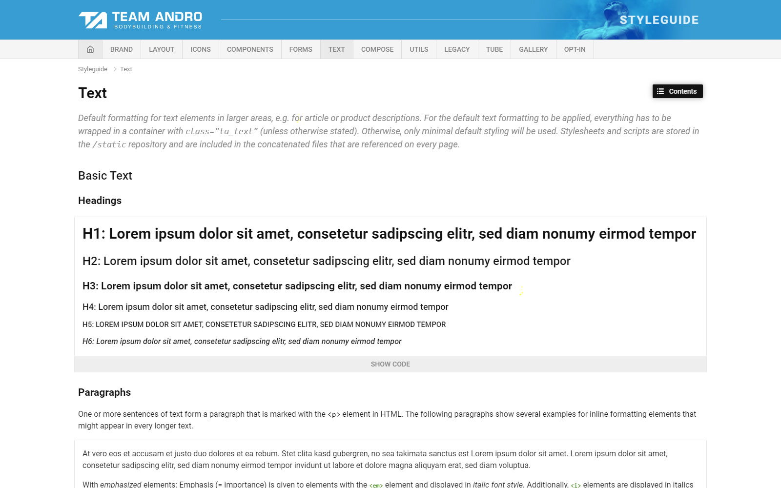 Screenshot: Team-Andro-Styleguide - Beispiel Textformatierung